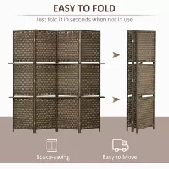 HOMCOM 4-Panel Room Dividers with Shelves, Wave Fibre Freestanding Folding Privacy Screen Panels, Partition Wall Divider for Indoor Bedroom Office, 180 cm, Brown - 4