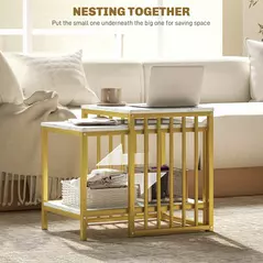 HOMCOM Modern Coffee Table Set of Two, Marble-Effect Nesting Side Tables with Steel Frame for Living Room, Gold Tone - 4
