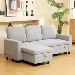 HOMCOM Pull Out Sofa Bed with Storage - Light Grey - 2