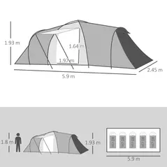 Outsunny Four-Man Tunnel Tent, with Two Bedrooms and Living Room - Grey/Yellow - 3