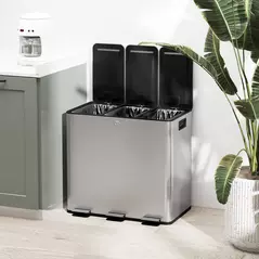 HOMCOM 3 x 15L Pedal Bin, Steel Triple Kitchen Bin with Soft Close Lid, Removable Inner Buckets, Fingerprint-Proof, Silver Tone - 9