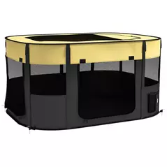 PawHut Foldable Dog Pen with Storage Bag for Indoor/Outdoor Use, Portable Pet playpen, with Ground Stakes - Yellow - 1