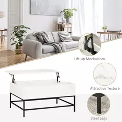 HOMCOM Modern Lifting Coffee Table with Hidden Compartment, Storage Coffee Table for Living Room, Faux Marble White - 6