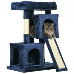 PawHut Sisal Cat Rest & Play Activity Tree w/ 2 House Navy Blue - 1