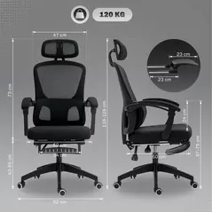 HOMCOM Ergonomic Office Chair, Mesh High Back Desk Chair with Adjustable Lumbar Support and Headrest, Footrest, Reclining Executive Swivel Computer Chair for Home Study, Black - 3