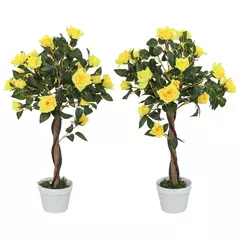 Outsunny Set of 2 Artificial Plants White Rose Floral in Pot, Fake Plants for Home Indoor Decor, 90cm, Yellow - 1