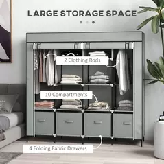 HOMCOM Fabric Wardrobe for Bedroom, Portable Cloth Wardrobe with 10 Compartments, 2 Hanging Rails and 4 Fabric Drawers, 166 x 42.5 x 169.5cm, Dark Grey - 4