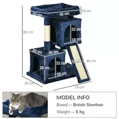 PawHut Sisal Cat Rest & Play Activity Tree w/ 2 House Navy Blue - 3
