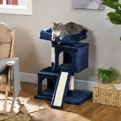PawHut Sisal Cat Rest & Play Activity Tree w/ 2 House Navy Blue - 2
