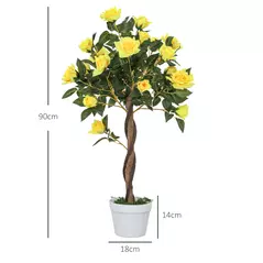 Outsunny Set of 2 Artificial Plants White Rose Floral in Pot, Fake Plants for Home Indoor Decor, 90cm, Yellow - 3