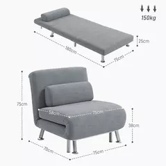 HOMCOM Single Velvet-Feel Sleeper Chair - Grey - 3