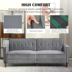 HOMCOM Velvet-Feel Three-Seater Sofa Bed - Dark Grey - 6