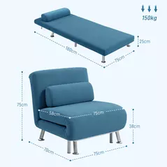 HOMCOM Single Velvet-Feel Sleeper Chair - Blue - 3
