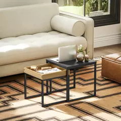 HOMCOM Set of Two Boxy Nesting Tables - Black/Wood-Effect - 6