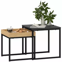HOMCOM Set of Two Boxy Nesting Tables - Black/Wood-Effect - 1