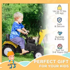 HOMCOM Kids Ride on Digger Pedal Go Kart Pretend Play Construction No Power Truck with Horn for 3 - 6 Years, Yellow - 4