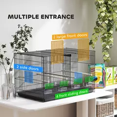 PawHut Bird Cage with Divider, 4 Wooden Perches, Slide Out Tray, 4 Feeders, for Budgie, Lovebird, Canary, 76 x 46 x 46cm, Black - 6