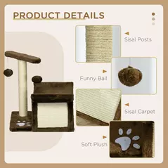 PawHut Cat Tree, Cat Tower for Kittens with Rotatable Top Bar, Sisal Scratching Post, Tunnel, Dangling Balls - Brown - 6