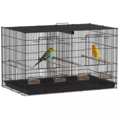 PawHut Bird Cage with Divider, 4 Wooden Perches, Slide Out Tray, 4 Feeders, for Budgie, Lovebird, Canary, 76 x 46 x 46cm, Black - 1