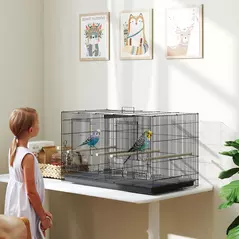 PawHut Bird Cage with Divider, 4 Wooden Perches, Slide Out Tray, 4 Feeders, for Budgie, Lovebird, Canary, 76 x 46 x 46cm, Black - 2