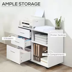 HOMCOM Freestanding Printer Stand Unit Office Desk Side Mobile Storage w/ Wheels 3 Drawers, 2 Open Shelves Modern Style 80L x 40W x 65H cm - White - 4