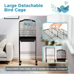 PawHut Bird Cage Budgie Cages for Finch Canary Parakeet with Stand Wheels Slide-out Tray Accessories Storage Shelf, Black - 4