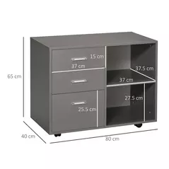 HOMCOM Freestanding Printer Stand Unit Office Desk Side Mobile Storage w/ Wheels 3 Drawers, 2 Open Shelves Modern Style 80L x 40W x 65H cm - Grey - 3