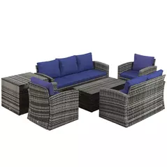 Outsunny 6 Pieces Rattan Garden Furniture Set, 7 Seater Wicker Outdoor Furniture Set with Storage Tea Table & Side Table, Sectional Garden Sofa Set with Cushions, Navy Blue - 1