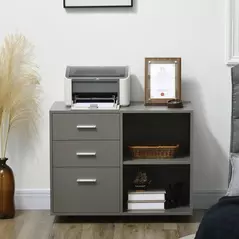 HOMCOM Freestanding Printer Stand Unit Office Desk Side Mobile Storage w/ Wheels 3 Drawers, 2 Open Shelves Modern Style 80L x 40W x 65H cm - Grey - 7