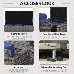 Outsunny 6 Pieces Rattan Garden Furniture Set, 7 Seater Wicker Outdoor Furniture Set with Storage Tea Table & Side Table, Sectional Garden Sofa Set with Cushions, Navy Blue - 6