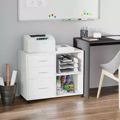 HOMCOM Freestanding Printer Stand Unit Office Desk Side Mobile Storage w/ Wheels 3 Drawers, 2 Open Shelves Modern Style 80L x 40W x 65H cm - White - 2