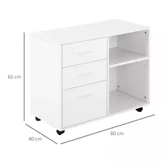 HOMCOM Freestanding Printer Stand Unit Office Desk Side Mobile Storage w/ Wheels 3 Drawers, 2 Open Shelves Modern Style 80L x 40W x 65H cm - White - 3
