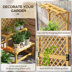 Outsunny Wooden Plant Stand, with Trellis - Natural Finish - 4
