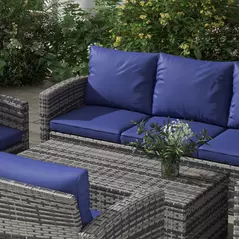 Outsunny 6 Pieces Rattan Garden Furniture Set, 7 Seater Wicker Outdoor Furniture Set with Storage Tea Table & Side Table, Sectional Garden Sofa Set with Cushions, Navy Blue - 7