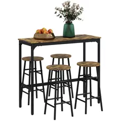 HOMCOM 5 Piece Bar Table Set with 4 Stools, Industrial Bar Table and Stool Set, Dining Table and Chair Set, Rustic Brown - 1