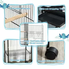 PawHut Bird Cage Budgie Cages for Finch Canary Parakeet with Stand Wheels Slide-out Tray Accessories Storage Shelf, Black - 5