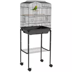 PawHut Bird Cage Budgie Cages for Finch Canary Parakeet with Stand Wheels Slide-out Tray Accessories Storage Shelf, Black - 1