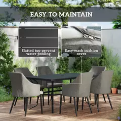 Outsunny 6 Seater Rattan Dining Set with Cushions, Garden Furniture Set with Armchairs, Rectangle Slatted Table Top, Steel Frame, Parasol Hole, Wicker Outdoor Furniture for Patio, Balcony, Grey - 7