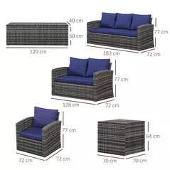 Outsunny 6 Pieces Rattan Garden Furniture Set, 7 Seater Wicker Outdoor Furniture Set with Storage Tea Table & Side Table, Sectional Garden Sofa Set with Cushions, Navy Blue - 3