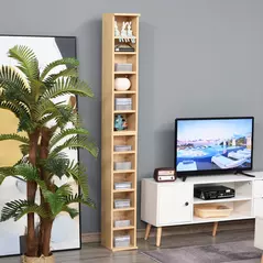 HOMCOM 204 CD Media Display Shelf Unit Set of 2 Blu-Ray Tower Rack w/ Adjustable Shelves Bookcase Storage Organiser, Natural Wood Colour - 4