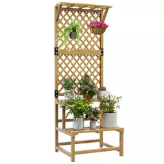 Outsunny Wooden Plant Stand, with Trellis - Natural Finish - 1