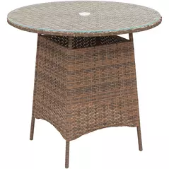 Outsunny Wicker Garden Rattan Table, Patio Furniture Outdoor Coffee Table with Umbrella Hole and Tempered Glass Top, Brown - 1