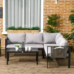Outsunny 5 Seater Garden Corner Sofa Set, 4 Pieces Metal Garden Furniture Set with Loveseats, Glass Top Coffee Table, Breathable Mesh Pocket, Outdoor Conversation Furniture with Cushions, Light Grey - 2