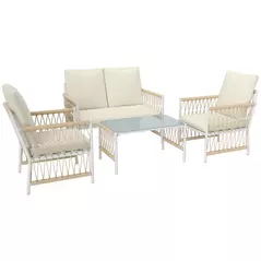 Outsunny 4 Piece Rattan Garden Furniture Set, 4 Seater Wicker Patio Conversation Set with 2 Armchairs, Loveseat, Glass Top Coffee Table and Cushions for Outdoor, Balcony, Khaki - 1