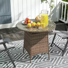 Outsunny Wicker Garden Rattan Table, Patio Furniture Outdoor Coffee Table with Umbrella Hole and Tempered Glass Top, Brown - 8