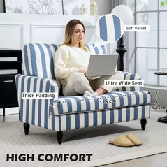 HOMCOM Modern Cuddle Chair, Velvet Single Sofa Armchair with Stripe, Turned Legs and Wide Seat, Upholstered Snuggle Chair for Living Room, Bedroom, Blue and White - 5