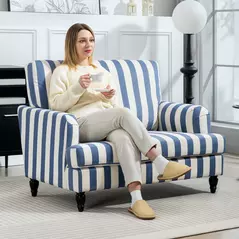 HOMCOM Modern Cuddle Chair, Velvet Single Sofa Armchair with Stripe, Turned Legs and Wide Seat, Upholstered Snuggle Chair for Living Room, Bedroom, Blue and White - 2