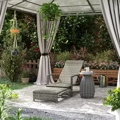 Outsunny Reclining Rattan Lounger, with Extending Footrest - Grey - 8