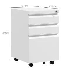 Vinsetto 3-Drawer Filing Cabinet with Lock, Mobile Steel File Cabinet for A4, Legal and Letter Size, Under Desk Drawers with Pre-Assembled Body for Home Office, 37 x 43.5 x 60 cm, White - 3