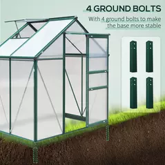 Outsunny 6 x 4ft Polycarbonate Greenhouse, Large Walk-In Green House with Slide Door and Window, Garden Plants Grow House with Aluminium Frame and Foundation, Dark Green - 6